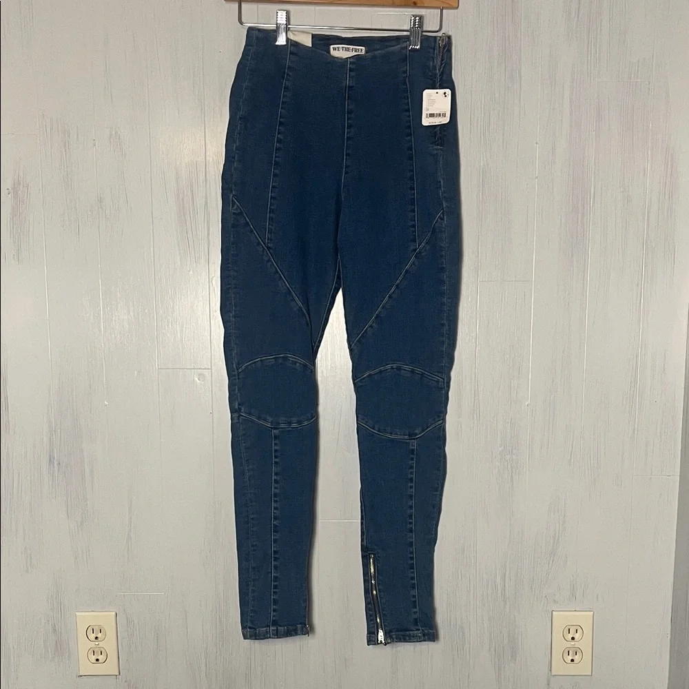 NWT Free People We The Free Bella Moto Skinny Jeans Prophecy Blue Size 25‎